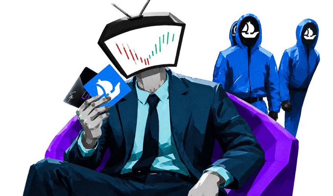 An illustration of a figure in a suit with a TV displaying a green and red stock chart for a head, holding a blue card with a white horse logo, while two blue-clad figures with matching horse-faced hoods stand behind him.