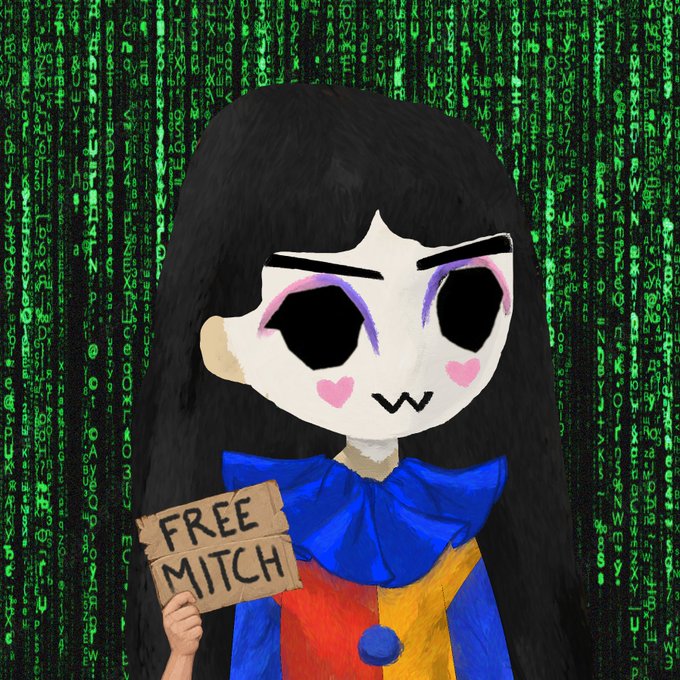 A cartoonish drawing of a pale girl with long black hair, pink heart cheeks, and a colorful red, blue, and yellow outfit, holding a cardboard sign reading 'FREE MITCH' against a green matrix-style digital rain background.