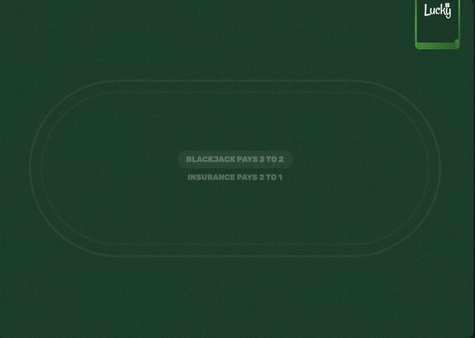 A green casino table displays a betting oval with text reading "BLACKJACK PAYS 3 TO 2" and "INSURANCE PAYS 2 TO 1," while a "Lucky" tag in the corner ties into a promotional post inviting players to interact for a chance to win money.