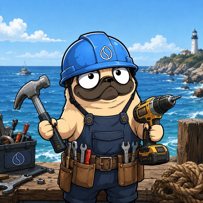 A cartoon pug mascot wearing a blue hard hat with an 'S' logo and blue overalls stands on a wooden dock holding a hammer and power drill, with a toolbox, rope, and a lighthouse by the sea in the background.