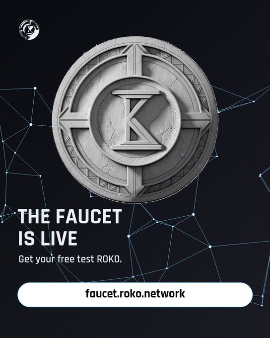 A promotional image featuring a large stone-textured coin with the letter 'K' and the text 'THE FAUCET IS LIVE', 'Get your free test ROKO.', and the URL 'faucet.roko.network'.