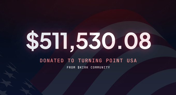The graphic displays "$511,530.08" in large white text, with "DONATED TO TURNING POINT USA FROM $KIRK COMMUNITY" written below in red, set against a dark, stylized American flag background. The image quantifies the post's claim of substantial financial support from the $KIRK community to Turning Point USA, highlighting the scale of the donation.