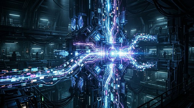 A futuristic, glowing sci-fi data center with intricate blue and purple circuitry and lights radiating from a central core.