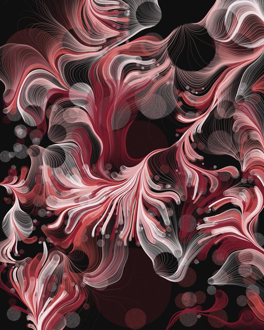 An abstract digital artwork featuring flowing, wavy lines in shades of red, white, and black against a dark background with circular bokeh effects.