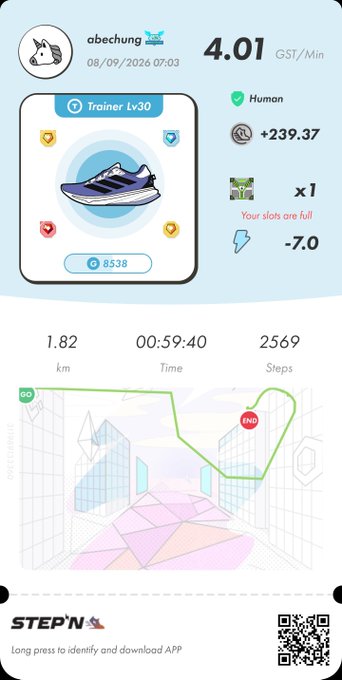 A STEP'N app screenshot showing a Trainer Lv30 sneaker, 4.01 GST/Min earnings, and walk stats of 1.82km, 00:59:40 time, and 2569 steps.