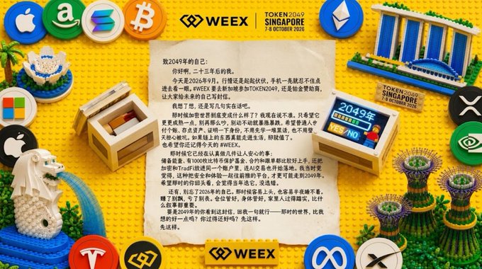 A WEEX Token 2049 Singapore promotional poster featuring Lego-style icons of various tech and crypto brands around a central letter.