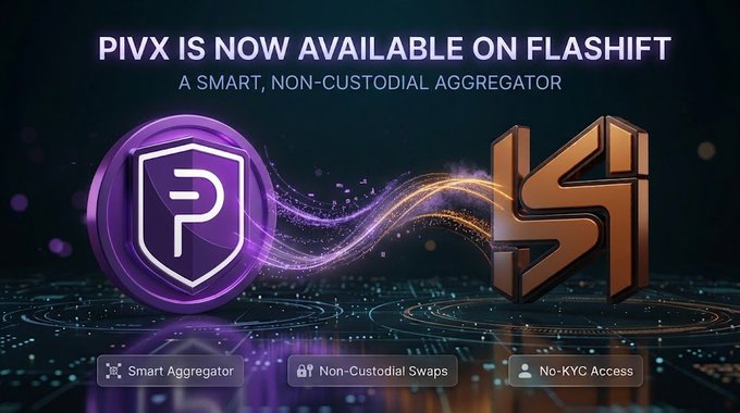 A promotional graphic announces 'PIVX IS NOW AVAILABLE ON FLASHSIFT' as a 'SMART, NON-CUSTODIAL AGGREGATOR,' featuring the PIVX purple logo and a copper-colored FlashShift emblem with features listed as 'Smart Aggregator,' 'Non-Custodial Swaps,' and 'No-KYC Access.'