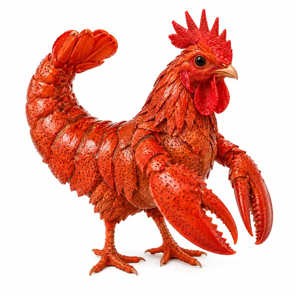 The image features a red lobster statue of a rooster, standing upright with its claws extended. The lobster has been crafted from real lobster claws, giving it an authentic appearance. The lobster is positioned against a white background, making it stand out prominently in the photo. The caption below the image reads "COCK LOBSTER IS LIVE! A wild new meme has surfaced from the depths! $CL is here with community energy, Solana power, and a mission to make waves!".