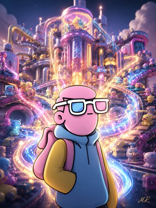 A digital illustration of a pink cartoon character with glasses and a backpack standing in front of an elaborate, glowing pastel-colored fantasy castle filled with small stuffed animals and magical energy swirls, signed 'MR' in the corner.