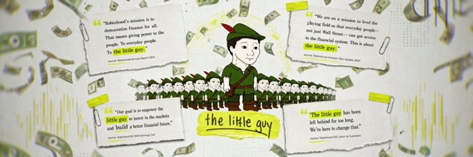 A Robin Hood–themed illustration shows a character standing atop a pile of smaller Robin Hood figures surrounded by falling money, with four quoted testimonials about "the little guy" and the phrase "ROBINHOOD's mission is to democratize finance for all." The cartoon reinforces the community post's announcement that a new banner image has been added for the Robinhood-themed token $Guy on Moby, visually tying the meme currency to its everyman investment narrative.