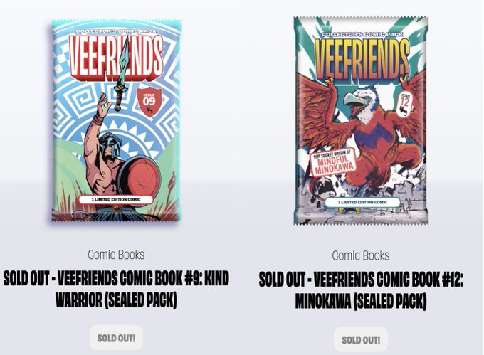 Two sold out VeeFriends sealed comic packs are displayed side by side: Comic Book #9 "Kind Warrior" (Issue 09) and Comic Book #12 "Mindful Minokawa" (Issue 12), confirming the post's announcement that both packs have sold out on the VeeFriends Shop.