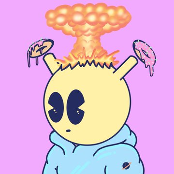 A cartoon illustration of a yellow alien-like character with two antennae wearing a blue hoodie, with a mushroom cloud explosion erupting from the top of its head against a purple background.