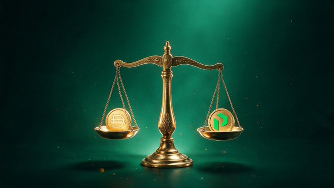 A 3D illustration of a golden balance scale with a gold Bitcoin coin on the left pan and a green Tether (USDT) coin on the right pan, set against a dark green background.