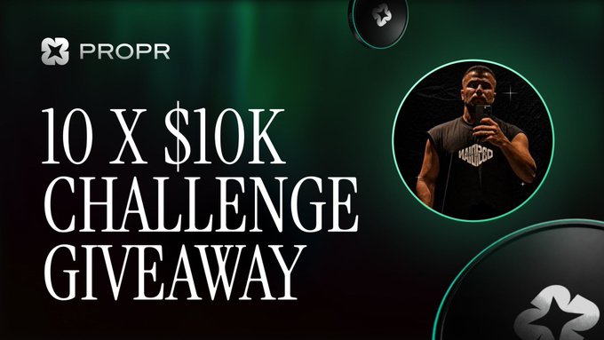 The image is a promotional graphic for a "10 X $10K CHALLENGE GIVEAWAY" by Propr, featuring the brand's logo and a circular photo of a man speaking into a microphone. The giveaway announcement aligns with the post, offering $10,000 to 10 people through Propr, with entry requiring users to follow, like, share, and comment by tagging three friends.