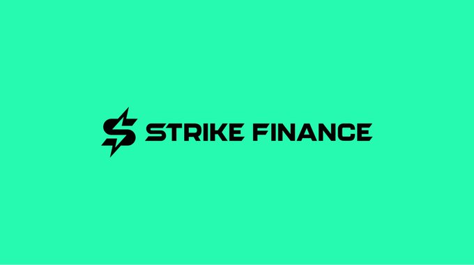 A simple logo graphic featuring a black stylized lightning bolt symbol next to the text 'STRIKE FINANCE' centered on a solid green background.
