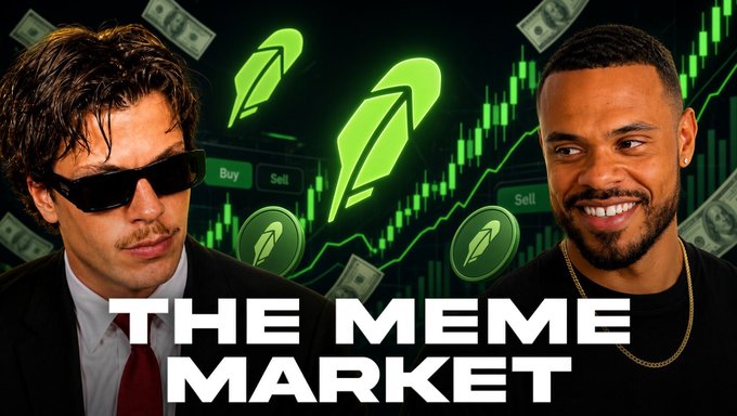 A YouTube thumbnail titled "THE MEME MARKET" features two men flanking a green-themed background of a stock trading chart with "Buy" and "Sell" buttons, quill icons, and floating dollar bills. The image ties into the post's $100 giveaway promotion, which encourages viewers to follow the channel's rules and subscribe on YouTube.