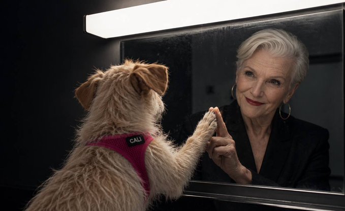 An older woman with short blonde hair smiles at a small terrier-mix dog wearing a pink harness labeled 'CALI' through a window, with the dog pressing its paw against the glass.