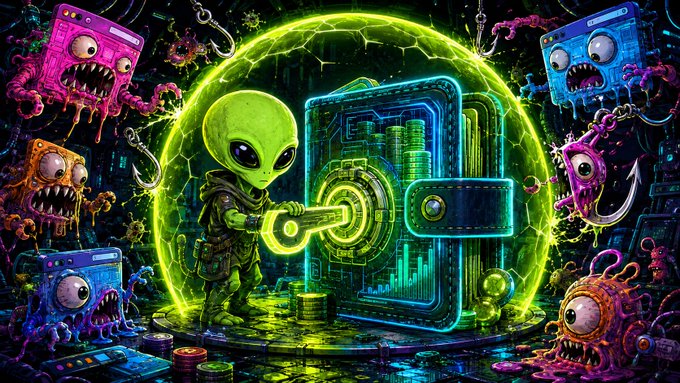 A colorful, psychedelic digital artwork showing a green alien holding a glowing key, unlocking a large cyber-style wallet surrounded by monstrous creatures and stacks of coins.
