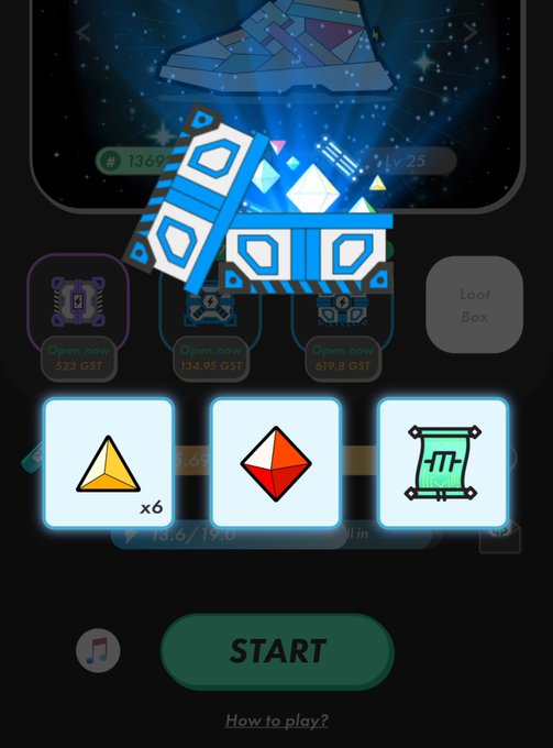 A mobile game screen showing a blue geometric character above a 'START' button, with options for yellow pyramids (x6) and red octahedrons.