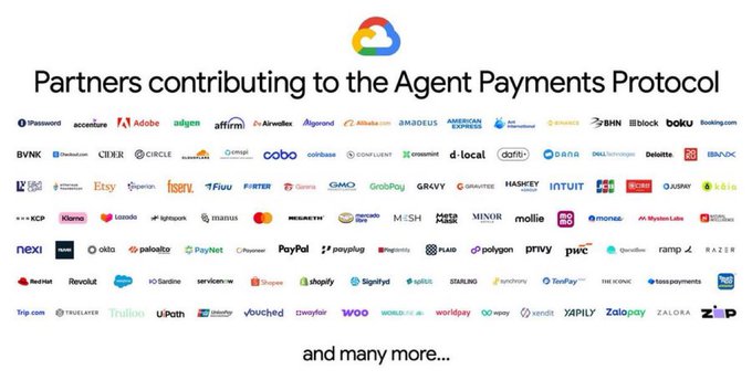 The image features a large, white banner with various logos of different companies displayed across its length. The text "Partners contributing to the Agent Payments Protocol" is written at the top of the banner, indicating that multiple businesses are collaborating on this project. The caption below the banner reads "and many more...", suggesting that there might be additional partnerships or projects in the works beyond what is currently visible in the image.