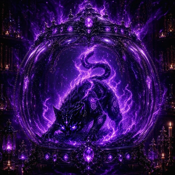 A fantasy digital artwork depicting a dark, shadowy wolf-like creature with glowing eyes inside an ornate crystal sphere, surrounded by intense purple energy and lightning.
