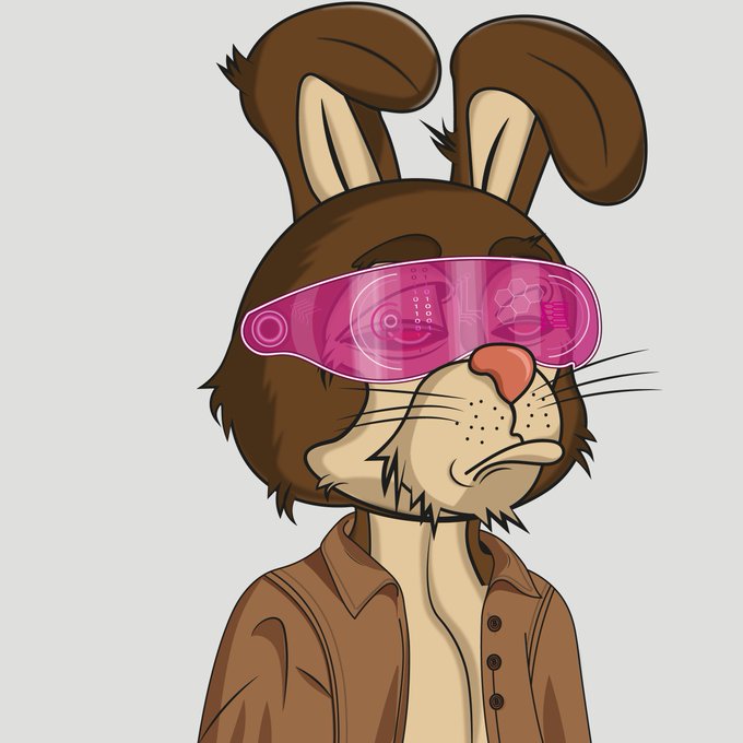 A cartoon brown rabbit character wearing pink futuristic visor glasses and a brown shirt, representing the BTFDRabbits NFT community. The playful digital art style aligns with the post's gratitude toward the new NFT collection and appreciation for the clean, polished artwork received as a gift.