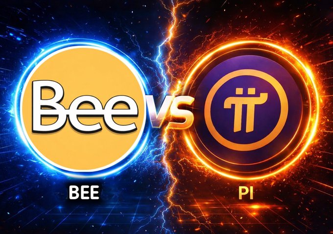 A dramatic split-screen graphic pits "Bee" (BEE) against "Pi" (Pi), with each logo encircled by glowing energy—electric blue lightning for Bee on the left and fiery orange plasma for Pi on the right—visually embodying the post's call for viewers to show their loyalty by reposting for #Bee or liking for #Pi.