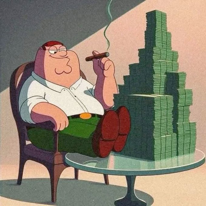 An illustration of the cartoon character Peter Griffin sitting in a chair smoking a cigar next to a large stack of green money.