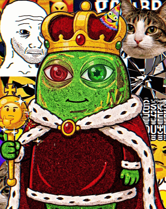 A green, crowned frog king wearing a red royal robe and holding a scepter stands as the centerpiece, surrounded by various meme-style imagery including a sad white figure, a real cat peeking out, and a "OY" text. The image directly relates to the post by visually presenting "$Morphy" as the crowned "king of memecoins," with the frog's green hue symbolizing his promise to "stay green" amid a chaotic meme season landscape.