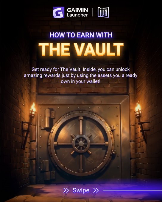 A promotional graphic for GAIMIN Launcher's "The Vault" feature, showing a large vault door flanked by torches with text reading "HOW TO EARN WITH THE VAULT" and explaining that users can unlock rewards using assets already in their wallet, directly tying to the post's announcement of a new system that rewards holders of GMRX tokens and GAIMIN NFTs across 5 levels without staking or locking assets.