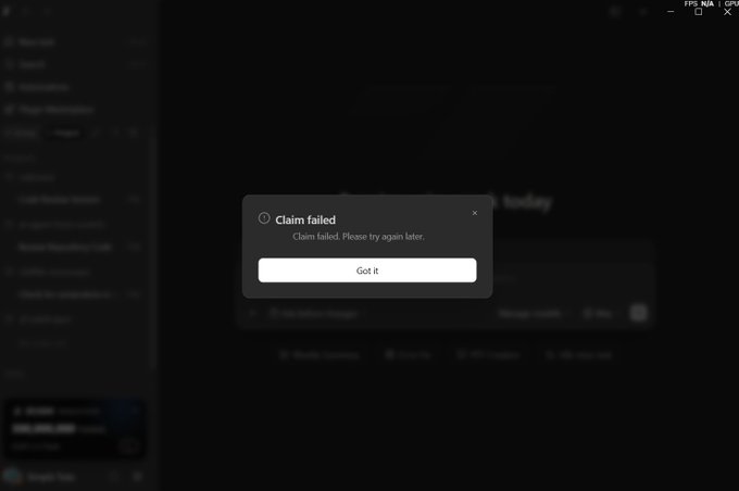 A screenshot shows a "Claim failed" error message popup on a dark-themed website, with the body text reading "Claim failed. Please try again later." The image illustrates the user's experience of attempting to claim the 300M GLM-5.3-Flash tokens promo and encountering the error described in the post, though the specific quota exhaustion message mentioned in the caption is not visible in this particular popup.