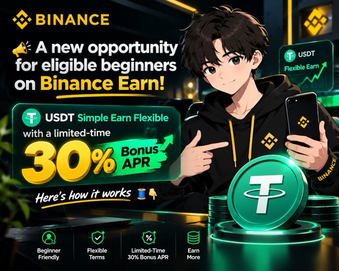 A Binance promotional advertisement featuring an anime-style character promoting a USDT Simple Earn Flexible product with a limited-time 30% Bonus APR offer.