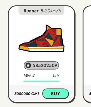 A screenshot from a fitness NFT game showing a 'Runner 8-20km/h' shoe item with ID #585202509, Level 9, Mint #2, priced at 50,000,000 GMT.