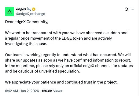 The image is a screenshot of a social media post on Twitter, which displays text with the caption "Dear EdgeX Community, We want to be transparent with you we have observed a sudden and irregular price movement in the EDGE token and are actively investigating the cause." This message conveys that an investigation has been conducted into the issue involving the EdGEX community. The post also provides details about the steps being taken by the EdX exchange company to address this problem, as well as the importance of relying on official channels for updates and communication regarding such matters.
