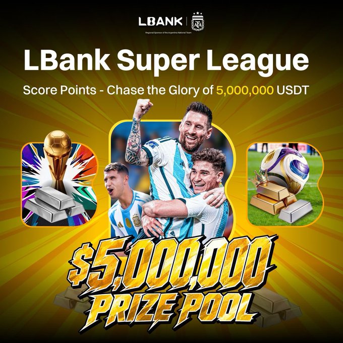 Promotional image for the LBank Super League featuring Argentine football stars (including Lionel Messi) celebrating, with "$5,000,000 Prize Pool" prominently displayed in gold text and "LBank | AFA" branding at the top, visually highlighting the 5,000,000 USDT prize pool mentioned in the accompanying post about LBank's gamified competition.