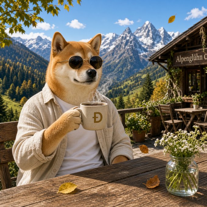 A Shiba Inu dog wearing sunglasses and a beige cardigan drinks from a mug labeled 'Ð' (Dogecoin logo) at a wooden table, with an alpine mountain café labeled 'Alpengluhn' in the background.