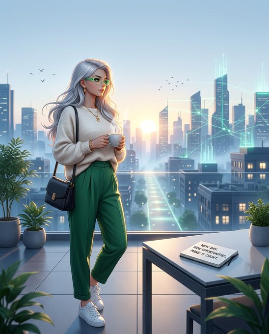 A silver-haired woman in a white sweater and green pants stands on a rooftop balcony holding coffee at sunrise, with a "NEW DAY, NEW OPPORTUNITIES, MAKE IT COUNT" journal on the table—visually reinforcing the post's message of embracing fresh starts, perseverance, and seizing each day as a new chance to grow.