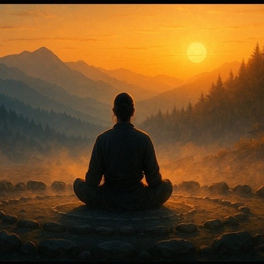 A digital painting of a person sitting in a meditative lotus position on a stone platform, silhouetted against a misty orange sunrise over mountains and forest.