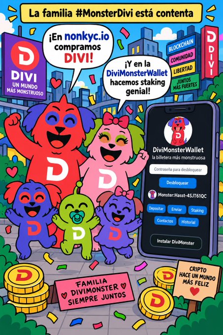 A colorful cartoon illustration promoting 'DIVI' cryptocurrency, featuring a monster family with text 'La familia #MonsterDivi está contenta' and '¡En nonkyc.io compramos DIVI!' alongside a 'DiviMonsterWallet' phone interface.