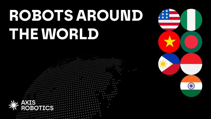 Title card reading 'ROBOTS AROUND THE WORLD' with the AXIS ROBOTICS logo, displayed over a dotted globe graphic alongside circular flags of the USA, Nigeria, Vietnam, Bangladesh, the Philippines, Indonesia, and India.