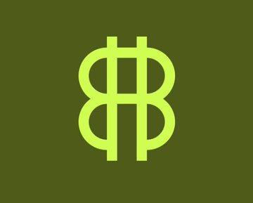 A minimalist logo featuring two interlocking lime green shapes forming an 'BB' or 'B' design on a dark olive background.