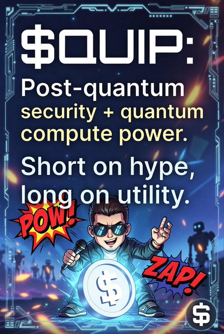 The image features a poster with a cartoon character, Barry, holding a coin that says "QUIP" on it. The poster also includes text about the concept of Quip, which is an AI lounge where people compete against each other by one-upping each other in various categories such as intelligence and creativity. The poster emphasizes the importance of Quip for those who want to stay ahead in this competitive environment.