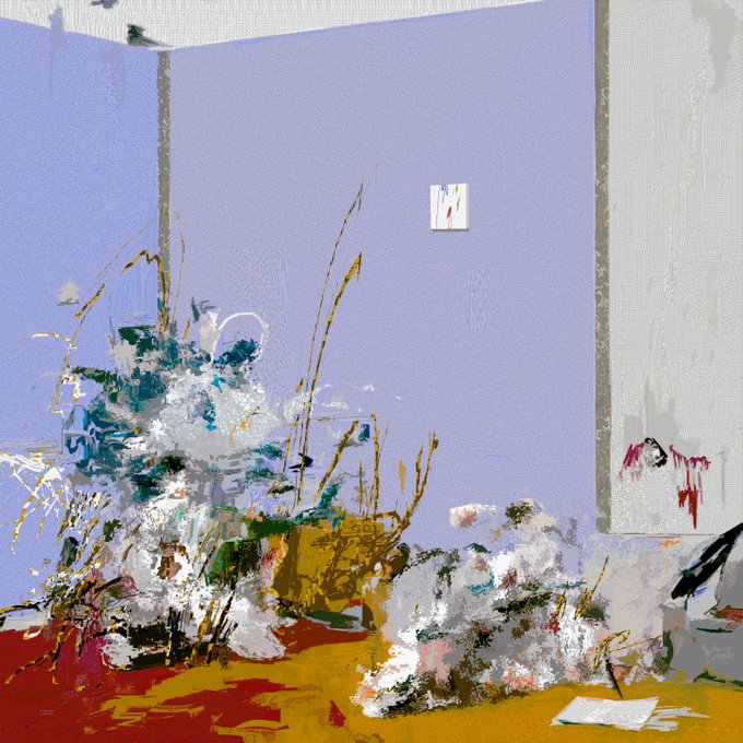 A loose, painterly still life featuring floral arrangements with expressive brushwork in whites, blues, yellows, and greens against a lavender wall.