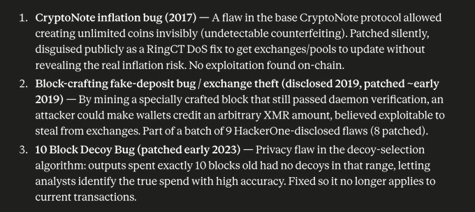 The image shows a screenshot of a webpage with text that reads "Monero has literally had similar vulnerabilities patched." This information is related to the post about Bitcoin, which discusses the vulnerability of Bitcoin to mining attacks. The image provides context for the post by showing the vulnerability and how it has been addressed in the form of patches or updates.