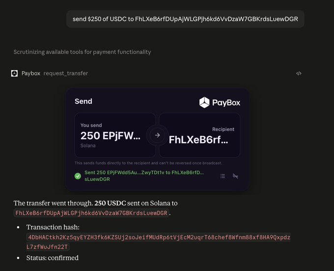 A chat interface shows a completed PayBox transaction sending 250 EPjFW... (USDC) to FhLXeB6rfDUpAjWLGjjh6kd6VvDzaW7GBKrdsLuewDGR on Solana, with the status confirmed. The screenshot appears to demonstrate PayBox's payment capabilities, tying into the post's claim about potentially receiving a paid tweet from PayBox.