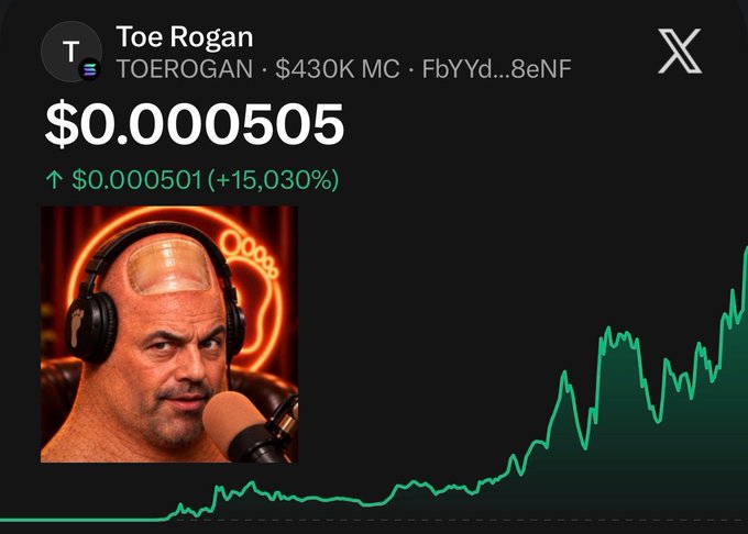 A cryptocurrency tracker screen displays 'Toe Rogan' at $0.000505 with a +15,030% increase, featuring a photo of Joe Rogan wearing headphones next to a microphone.