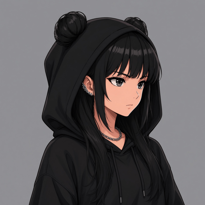 Anime-style illustration of a girl with long black hair wearing a black hoodie featuring two small ear-like buns on top of the hood, along with ear piercings and a silver chain necklace.