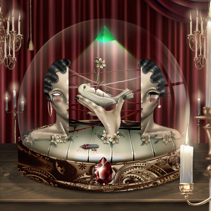 A surreal artwork depicting two symmetrical halves of a woman's face emerging from a glass dome, with a central hand holding a white bird wrapped in red threads, set against a red curtain backdrop with candelabras.