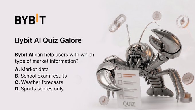 The image is a promotional graphic for "Bybit AI Quiz Galore" featuring a metallic lobster/crab holding a clipboard labeled "QUIZ," with floating crypto coins. It poses a multiple-choice question asking what type of market information Bybit AI can help users with, showing "Market data" (A) as the answer. The graphic aligns with the accompanying post inviting users to participate in Day 2 of the quiz by following Bybit Africa and tagging friends on X.