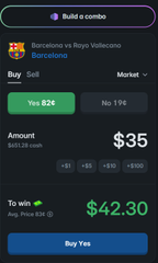 A mobile trading app screenshot showing a Barcelona vs Rayo Vallecano combo bet for $35 with potential winnings of $42.30.